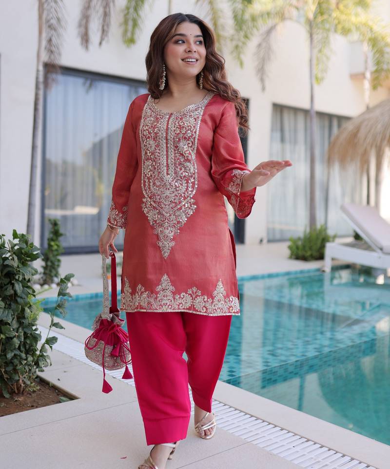 Peach color viscose fabric beautiful fancy ceremonial attire