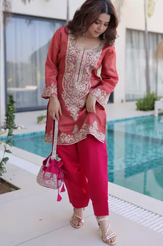 Peach color viscose beautiful fancy ceremonial attire