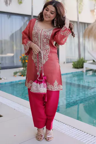 Peach color viscose beautiful fancy ceremonial attire