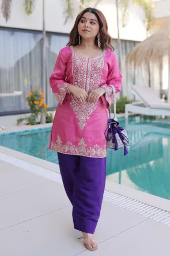 Pink color viscose fabric beautiful fancy ceremonial attire