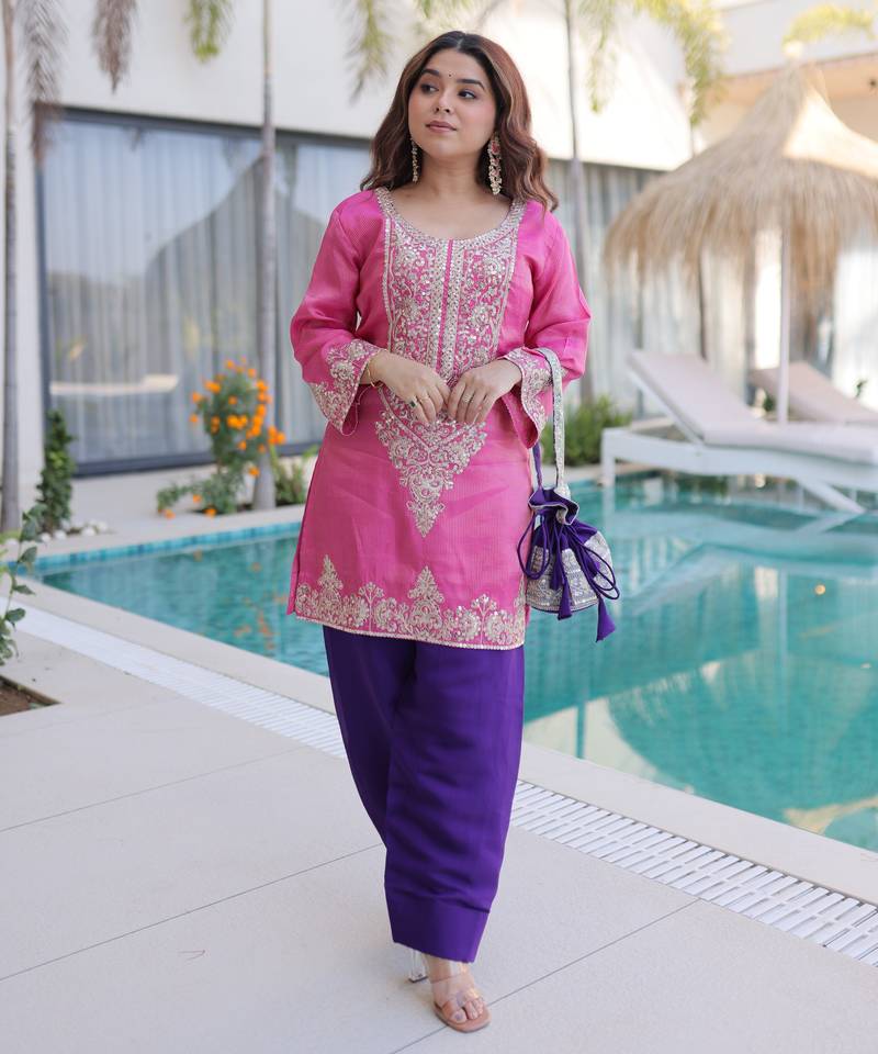 Pink color viscose fabric beautiful fancy ceremonial attire