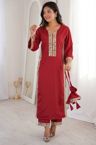 Maroon color natural crepe fabric beautiful fancy ceremonial attire