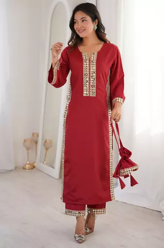 Maroon color natural crepe fabric beautiful fancy ceremonial attire