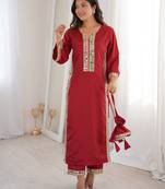 Maroon color natural crepe fabric beautiful fancy ceremonial attire