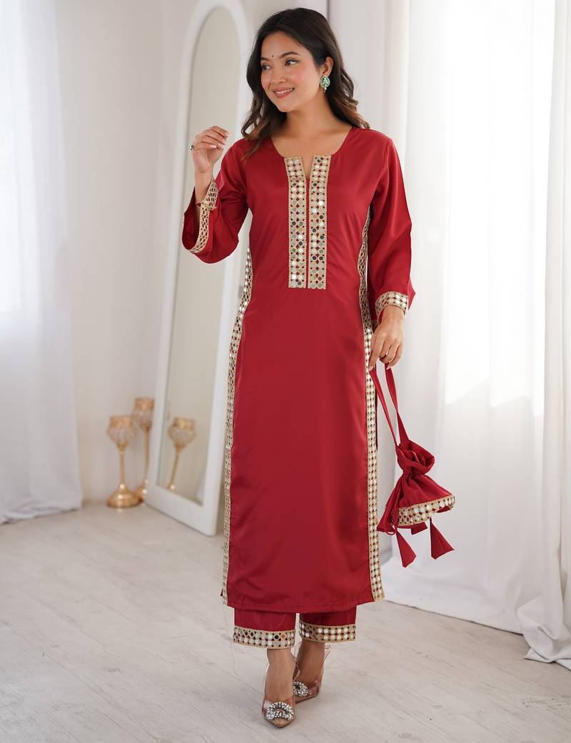 Maroon color natural crepe fabric beautiful fancy ceremonial attire