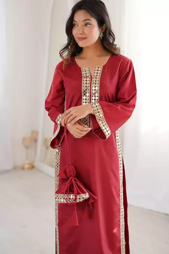 Maroon color natural crepe beautiful fancy ceremonial attire