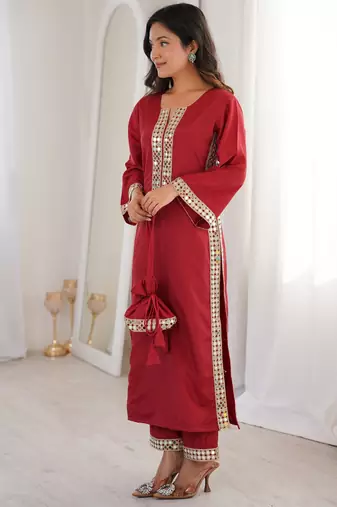 Maroon color natural crepe beautiful fancy ceremonial attire