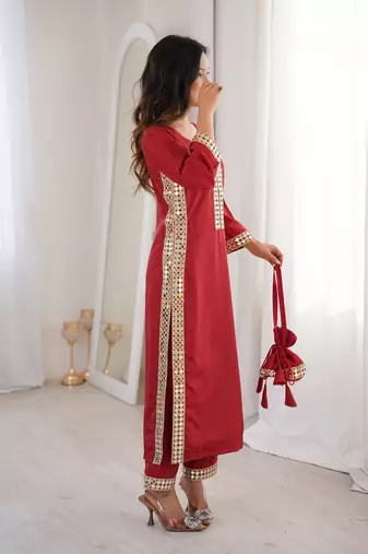 Maroon color natural crepe beautiful fancy ceremonial attire