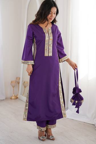 Purple color natural crepe fabric beautiful fancy ceremonial attire