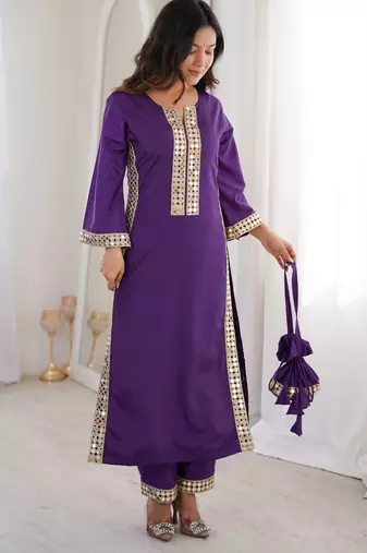 Purple color natural crepe fabric beautiful fancy ceremonial attire