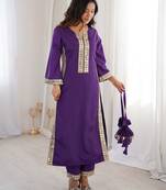 Purple color natural crepe fabric beautiful fancy ceremonial attire