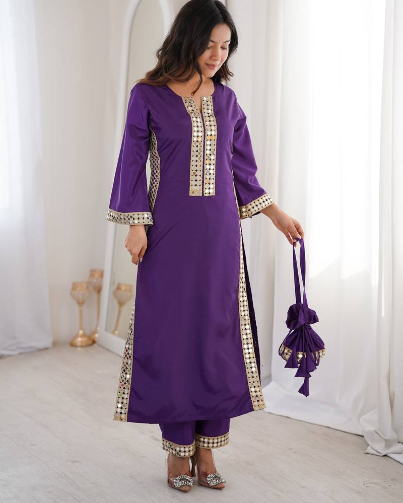 Purple color natural crepe fabric beautiful fancy ceremonial attire