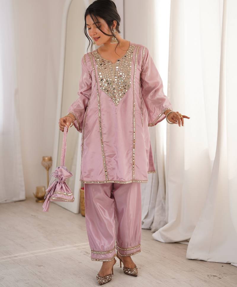 Pink color h o silk fabric beautiful fancy ceremonial attire