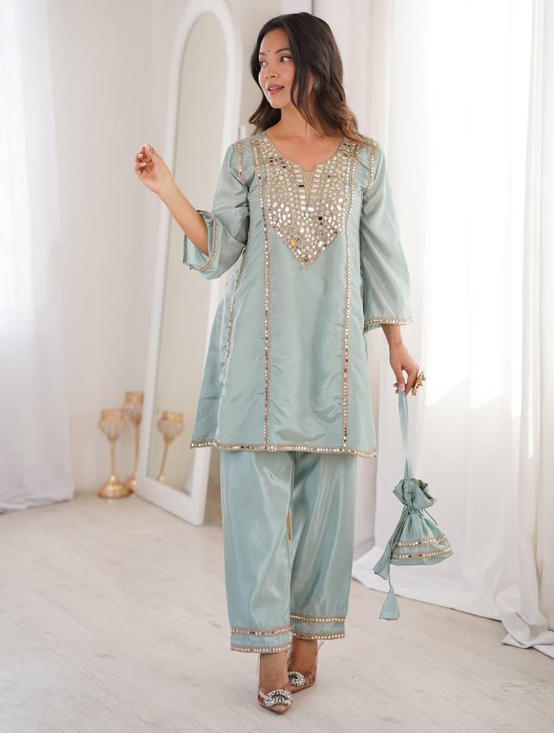 Sky blue color h o silk fabric beautiful fancy ceremonial attire