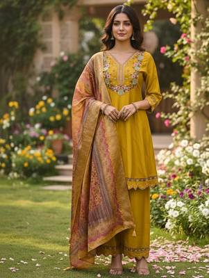 Mustard color cotton silk ceremonial readymade suit 1
