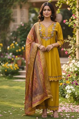 Mustard color cotton silk fabric designer ceremonial ethnic readymade suit
