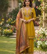 Mustard color cotton silk fabric designer ceremonial ethnic readymade suit