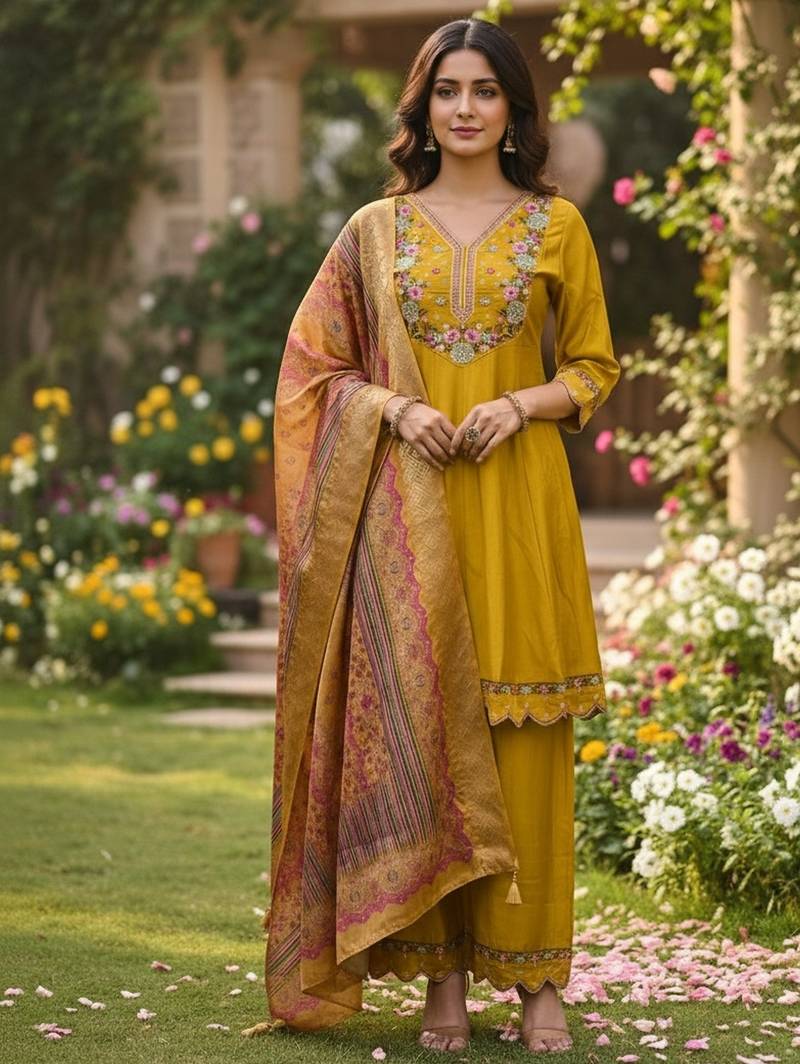 Mustard color cotton silk fabric designer ceremonial ethnic readymade suit