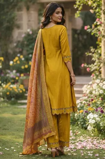 Mustard color cotton silk ceremonial readymade suit