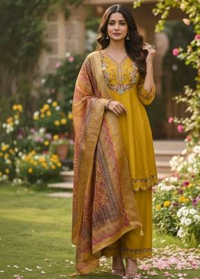 Mustard color cotton silk ceremonial readymade suit 3