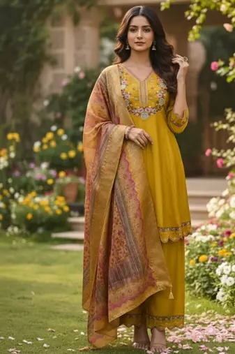 Mustard color cotton silk ceremonial readymade suit