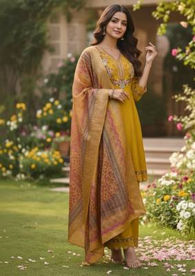 Mustard color cotton silk ceremonial readymade suit 4