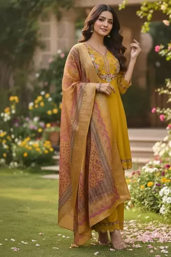 Mustard color cotton silk ceremonial readymade suit