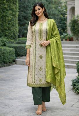Off white color jaquard silk ceremonial readymade suit 1