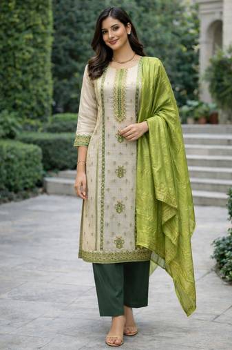 Off white color jaquard silk fabric designer ceremonial ethnic readymade suit