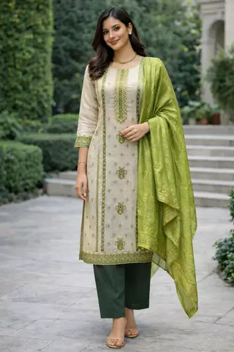 Off white color jaquard silk fabric designer ceremonial ethnic readymade suit