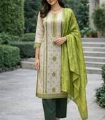 Off white color jaquard silk fabric designer ceremonial ethnic readymade suit