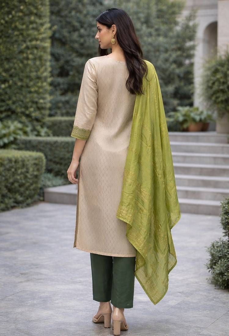 Off white color jaquard silk fabric designer ceremonial ethnic readymade suit