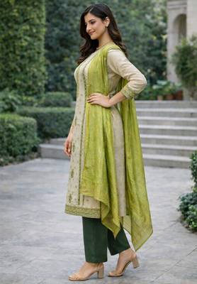Off white color jaquard silk ceremonial readymade suit 3