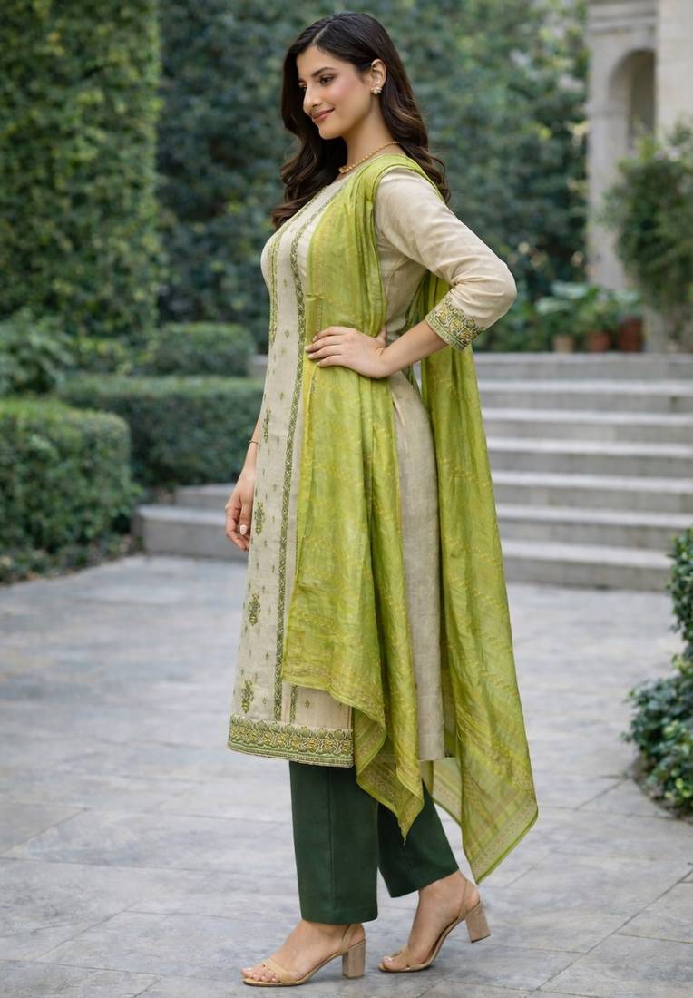 Off white color jaquard silk fabric designer ceremonial ethnic readymade suit