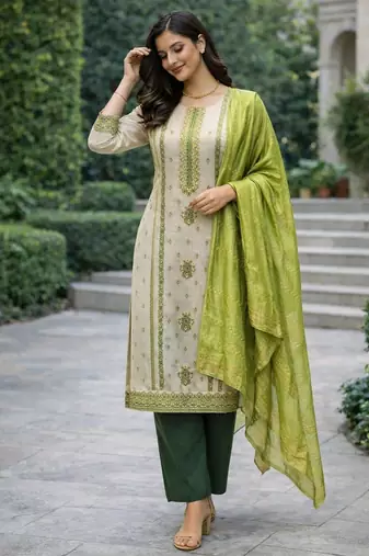 Off white color jaquard silk fabric designer ceremonial ethnic readymade suit