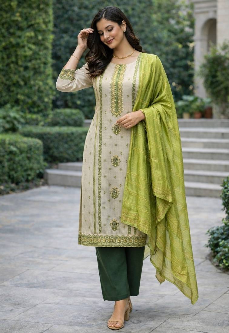 Off white color jaquard silk fabric designer ceremonial ethnic readymade suit