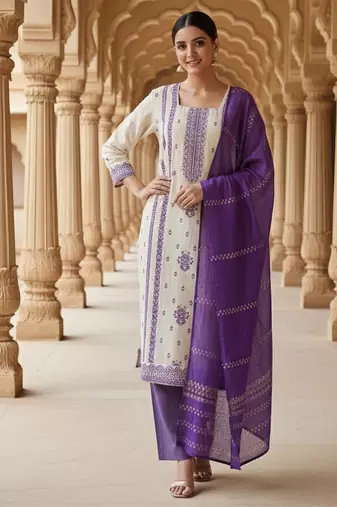 Off white color jaquard silk fabric designer ceremonial ethnic readymade suit