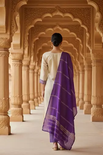 Off white color jaquard silk ceremonial readymade suit