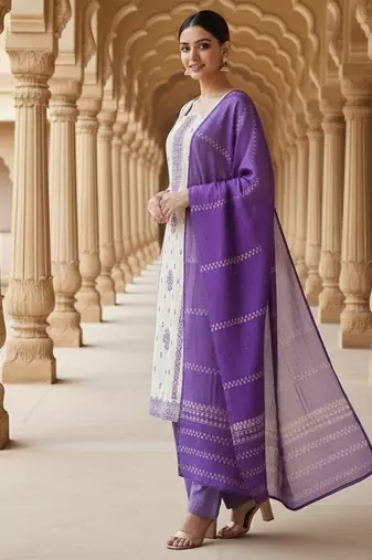 Off white color jaquard silk ceremonial readymade suit