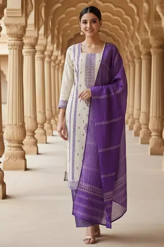 Off white color jaquard silk ceremonial readymade suit