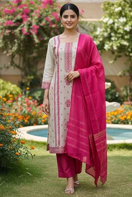 Off white color jaquard silk ceremonial readymade suit 1