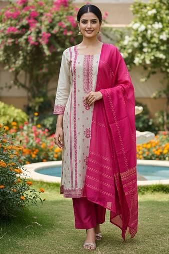 Off white color jaquard silk fabric designer ceremonial ethnic readymade suit