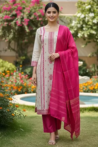 Off white color jaquard silk fabric designer ceremonial ethnic readymade suit