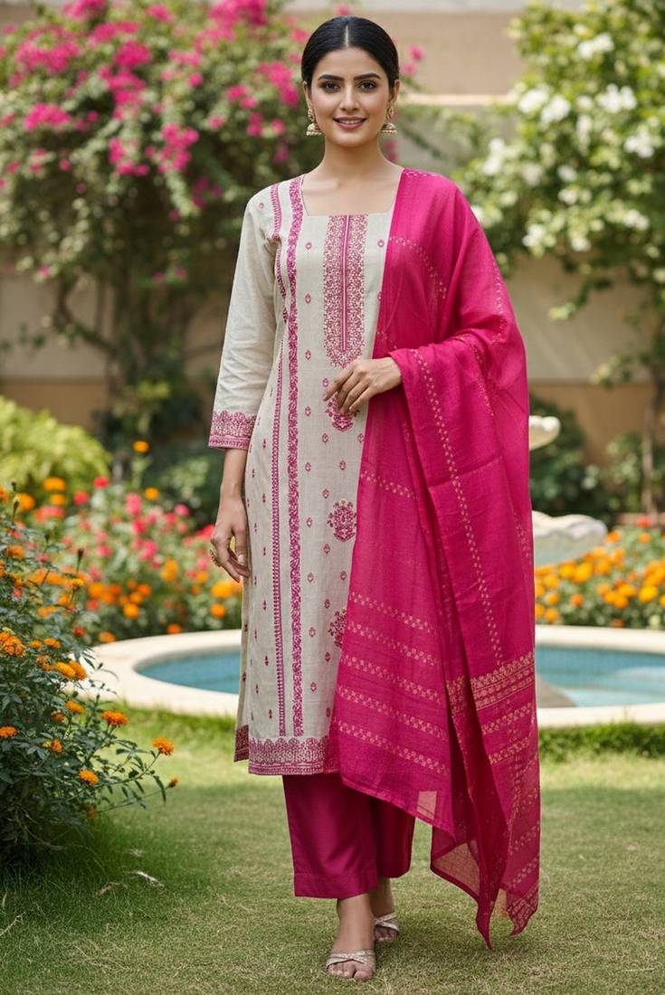 Off white color jaquard silk fabric designer ceremonial ethnic readymade suit