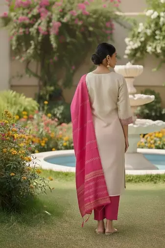 Off white color jaquard silk ceremonial readymade suit