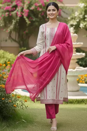Off white color jaquard silk ceremonial readymade suit