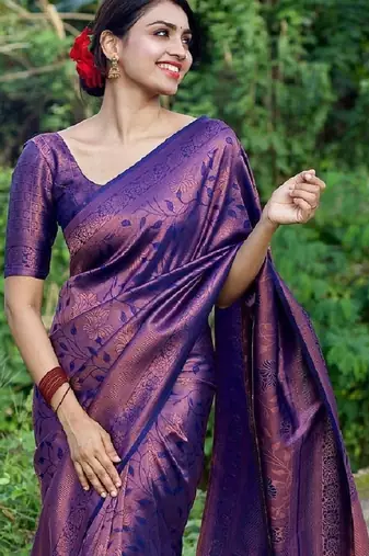 Blue silk blend banarasi saree with unstitched blouse piece