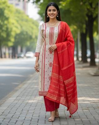 Off white color jaquard silk ceremonial readymade suit 1