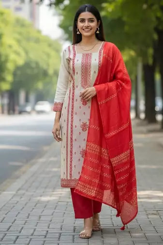 Off white color jaquard silk fabric designer ceremonial ethnic readymade suit