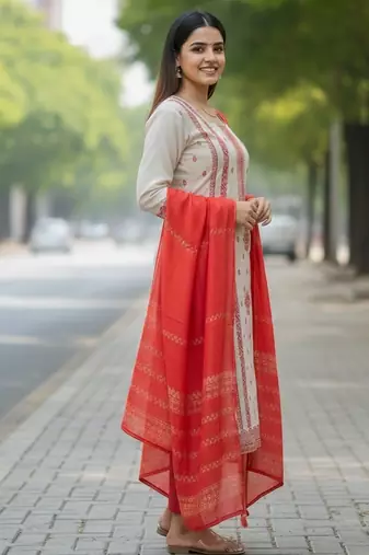 Off white color jaquard silk ceremonial readymade suit